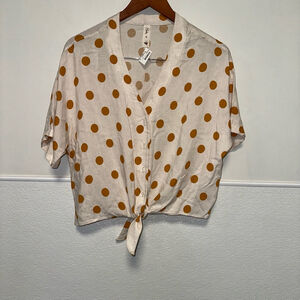 Women's Maven Blouse, M, NEW NWT Mustard Yellow Polka Dot Linen Blend Knot Tie